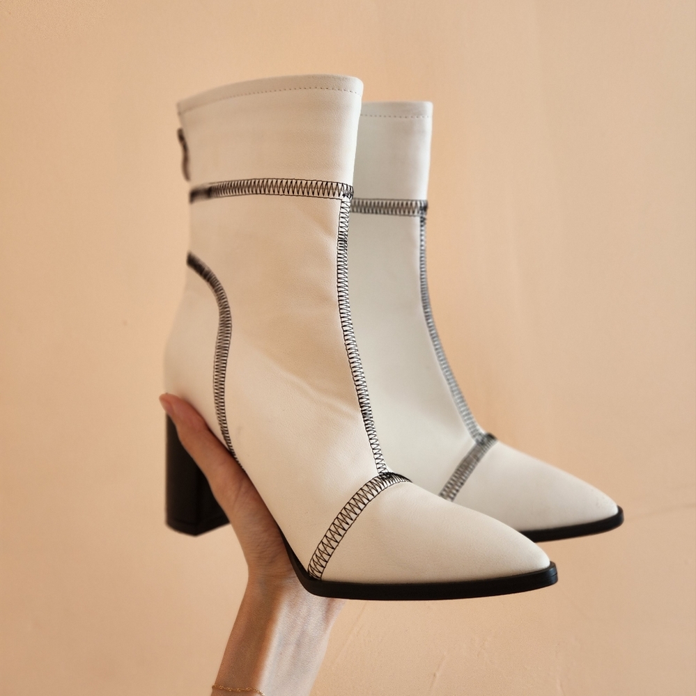 Faux leather block heel white ankle booties, contrast stitches (US 6, EU 37)